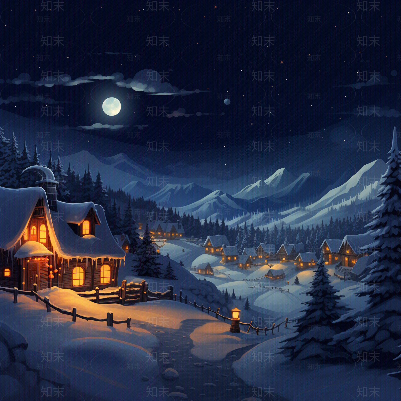 插画风圣诞节夜晚壁纸贴图下载【ID:1149264035】