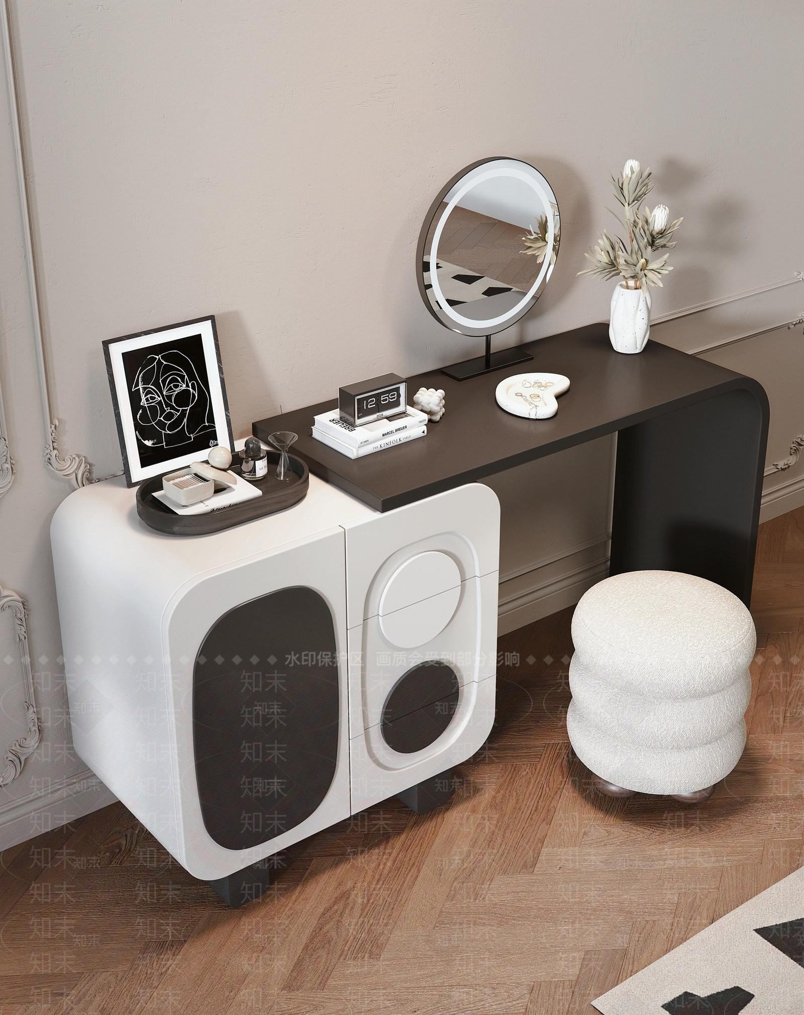法式妆台妆凳组合3D模型下载【ID:1149267319】