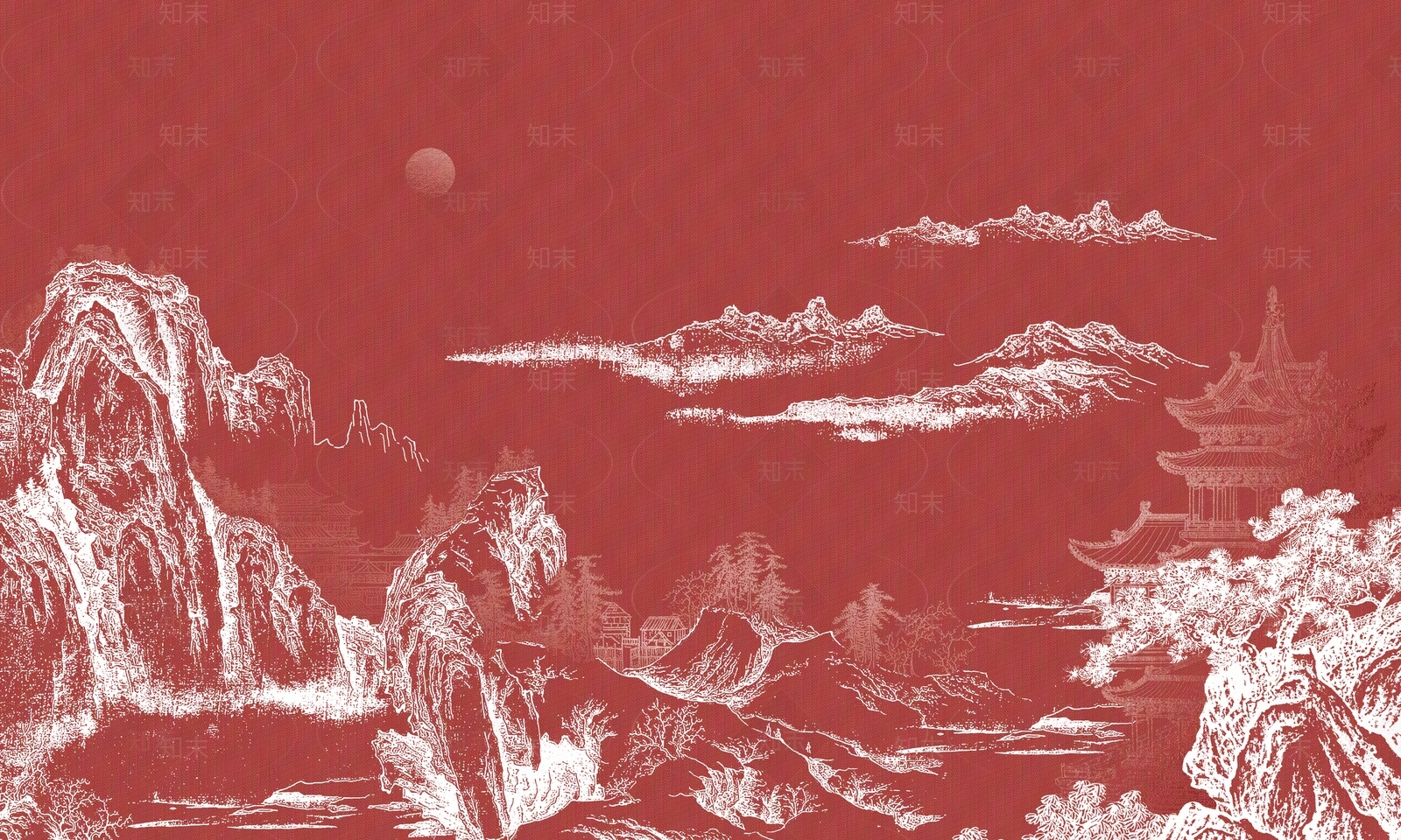 中国红新中式山水壁纸壁画贴图下载【ID:1149271346】