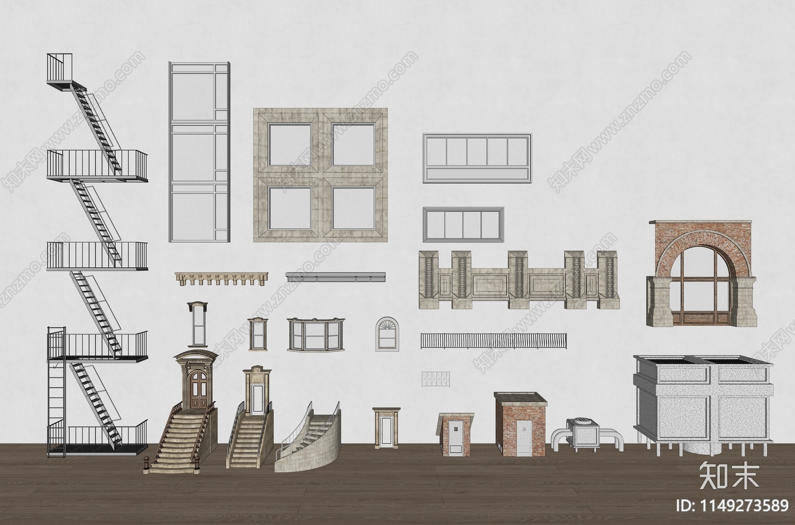 简欧楼梯门窗建筑构件组合SU模型下载【ID:1149273589】