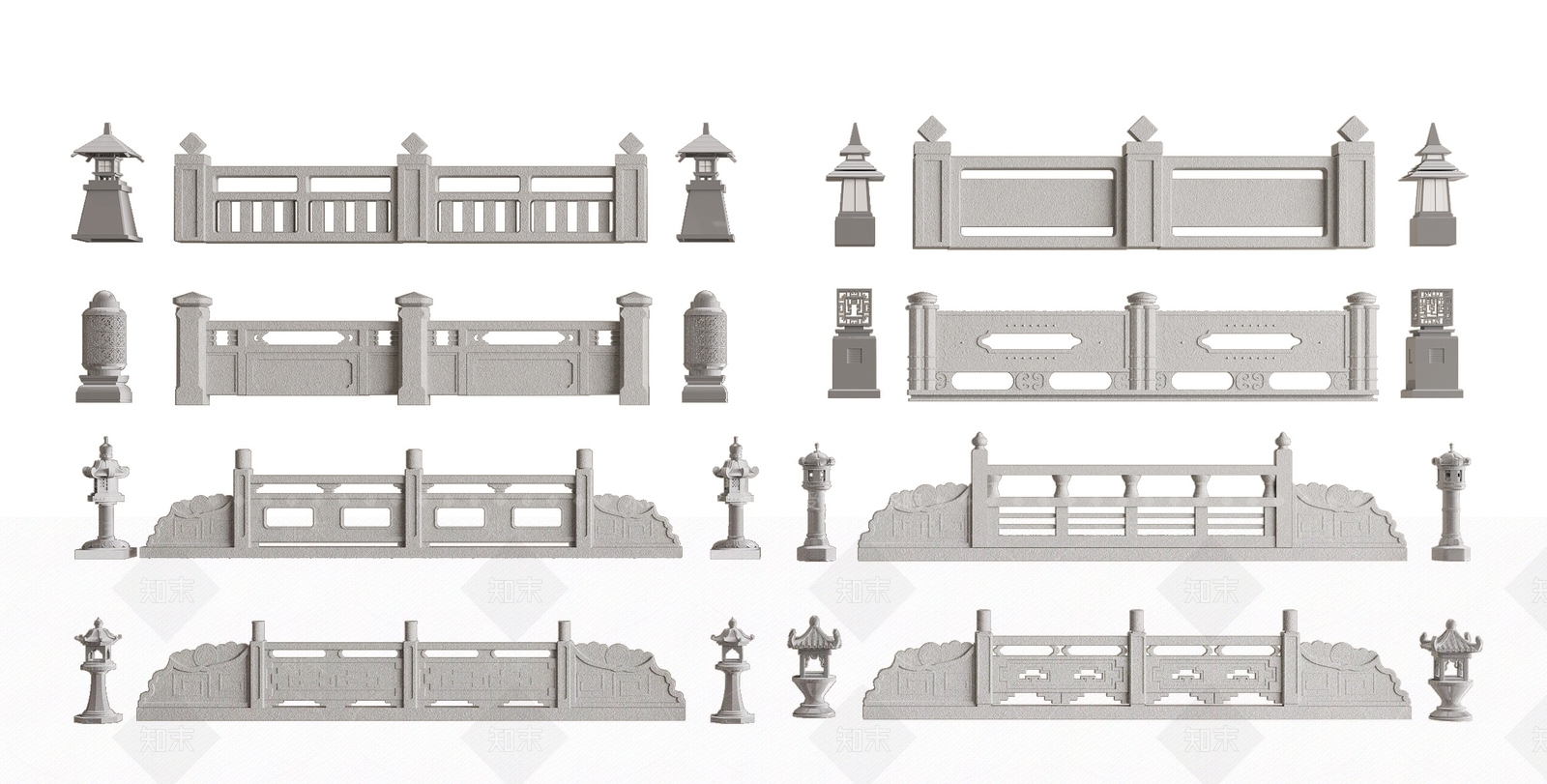 中式石护栏景观石灯组合3D模型下载【ID:1149274982】