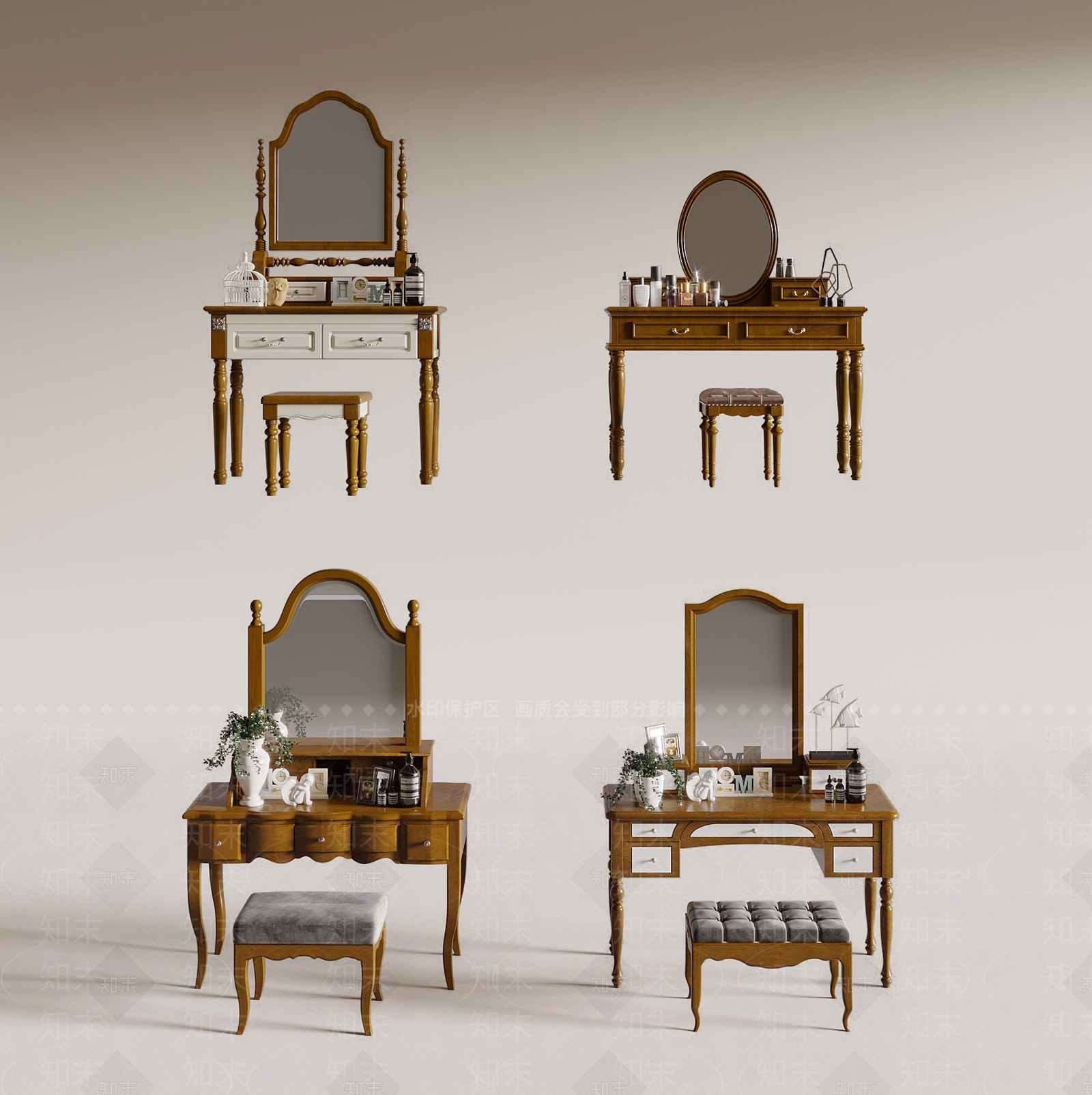 美式妆台妆凳组合3D模型下载【ID:1149289320】