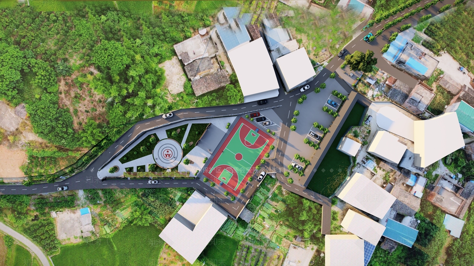 新中式农村广场SU模型下载【ID:1149311882】