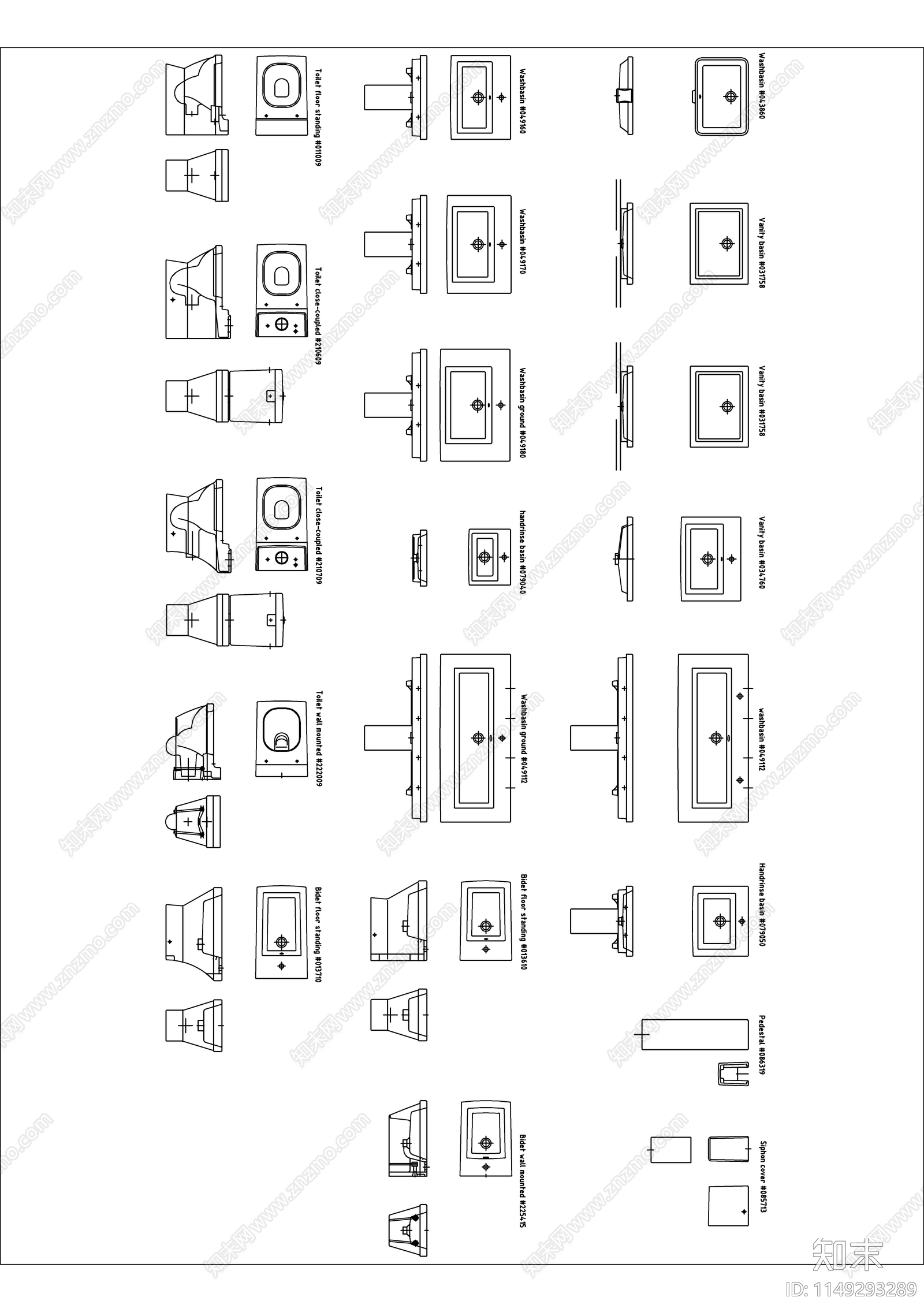 现代洗手池马桶平立面图库cad施工图下载【ID:1149293289】