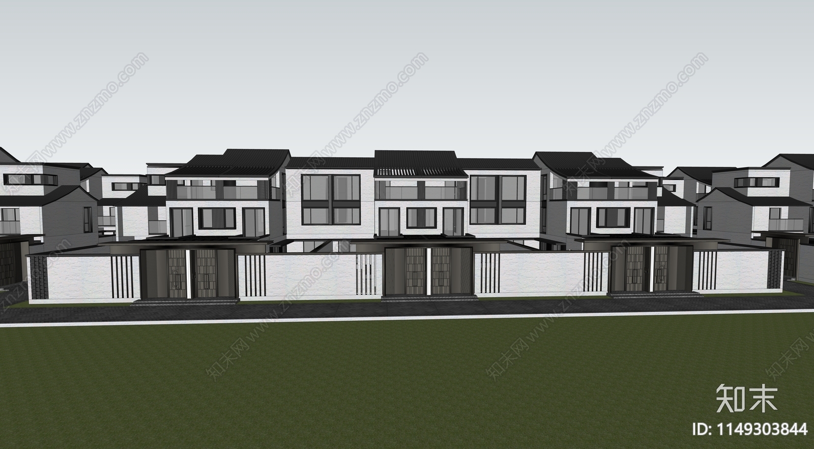 新中式联排别墅SU模型下载【ID:1149303844】