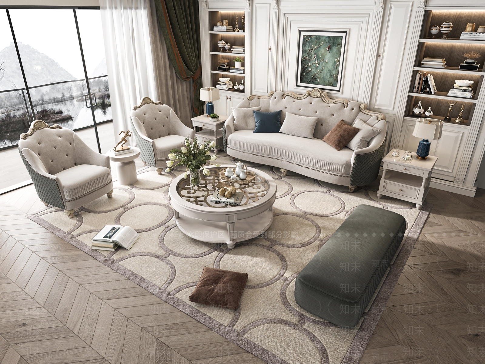 美式沙发茶几组合3D模型下载【ID:1149324549】