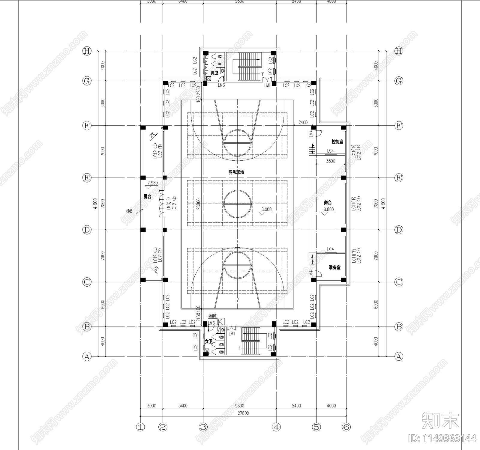 中式学校多功能体育馆建筑cad施工图下载【ID:1149363144】