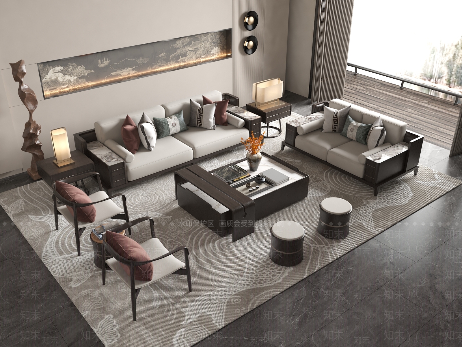 新中式沙发茶几组合3D模型下载【ID:1149393673】_知末3d模型网