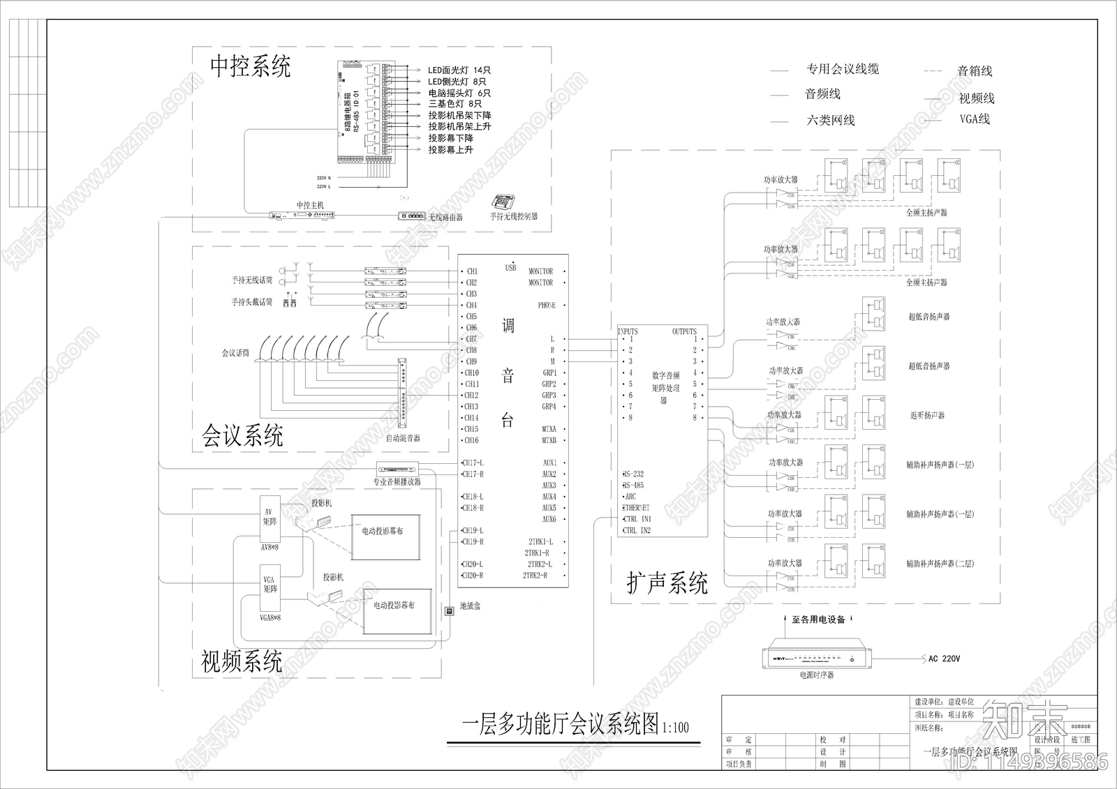 多功能厅会议系统cad施工图下载【ID:1149396586】
