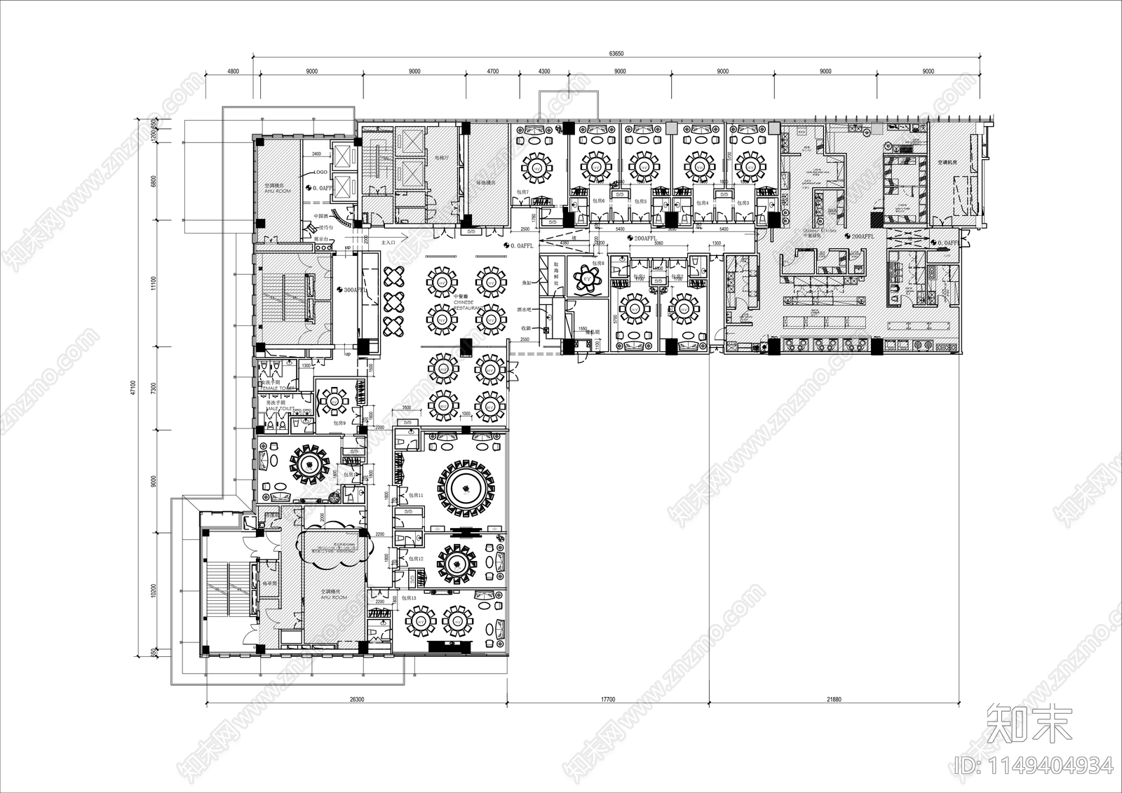 2000㎡中式酒楼餐厅平面cad施工图下载【ID:1149404934】