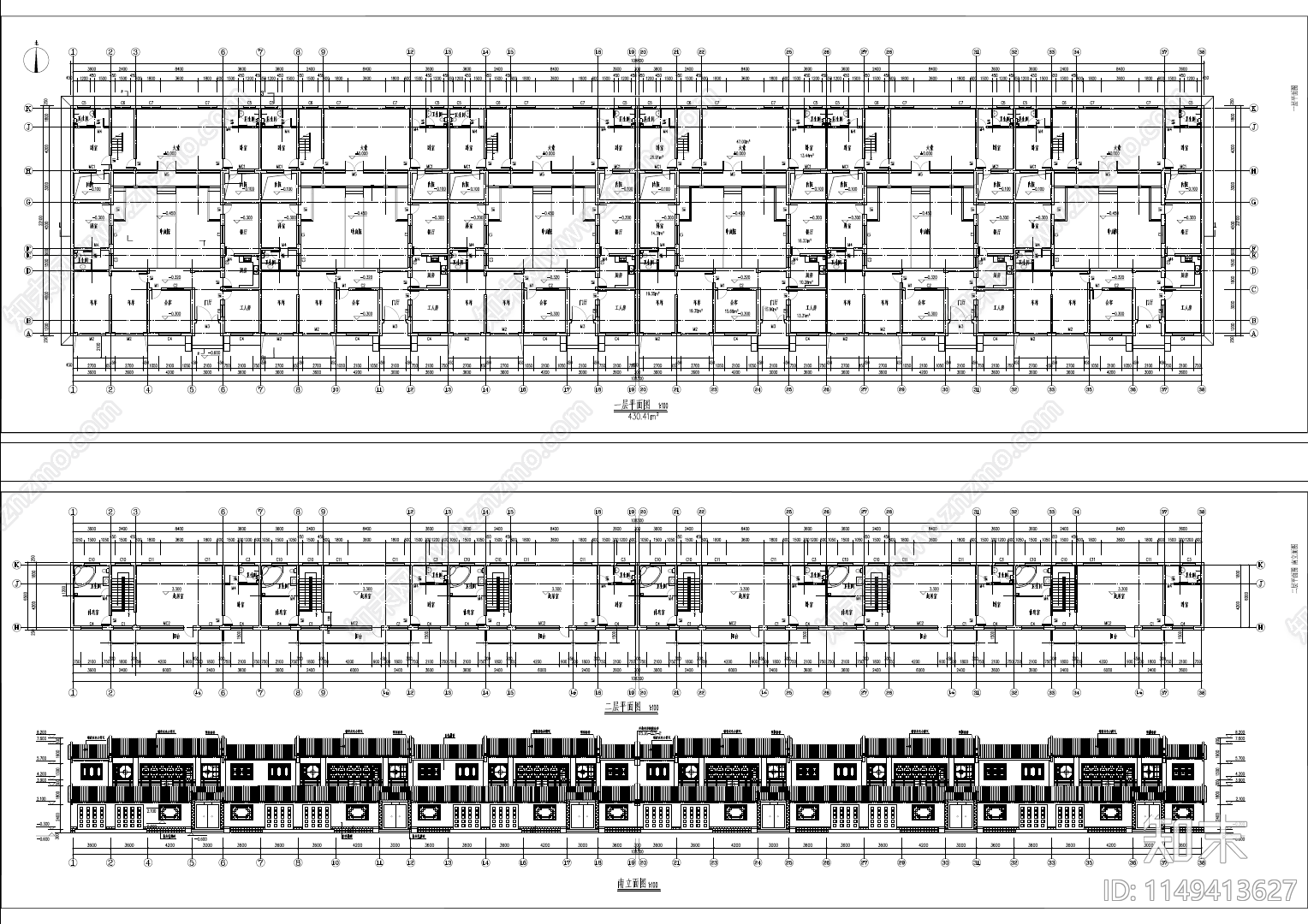 中式两层联排四合院建筑cad施工图下载【ID:1149413627】