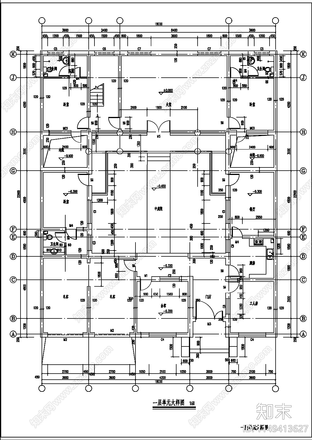 中式两层联排四合院建筑cad施工图下载【ID:1149413627】