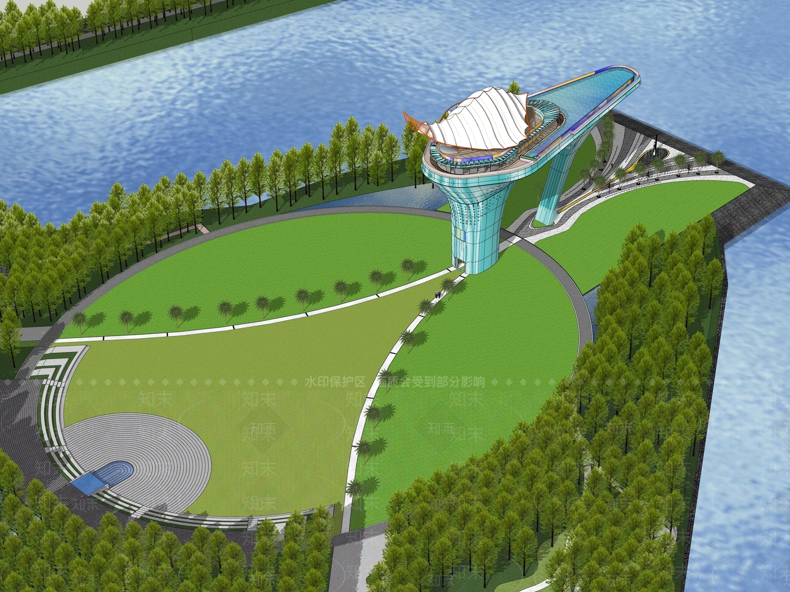 现代景观塔楼SU模型下载【ID:1149415771】