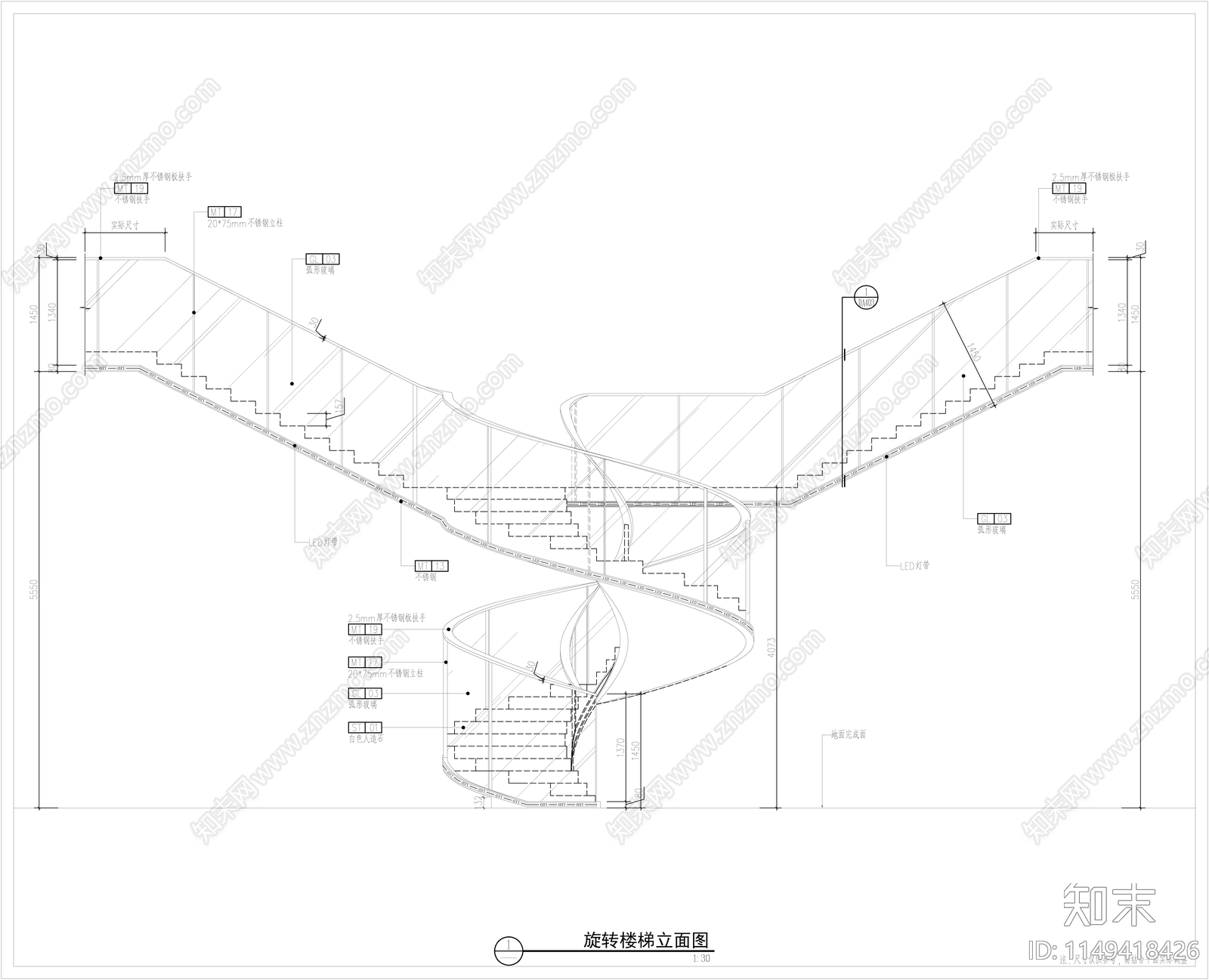 旋转楼梯大样图cad施工图下载【ID:1149418426】