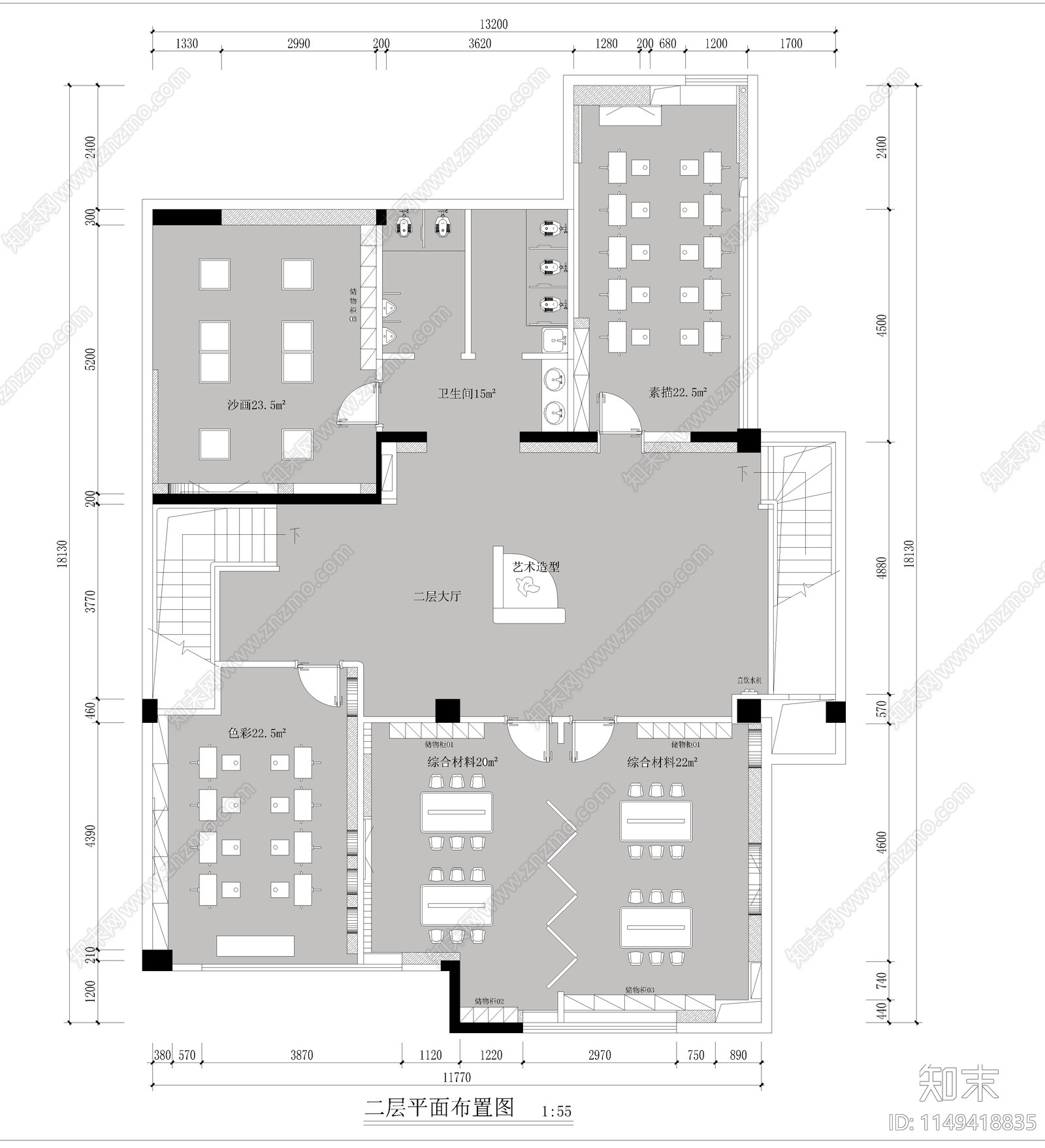 画室培训中心室内cad施工图下载【ID:1149418835】