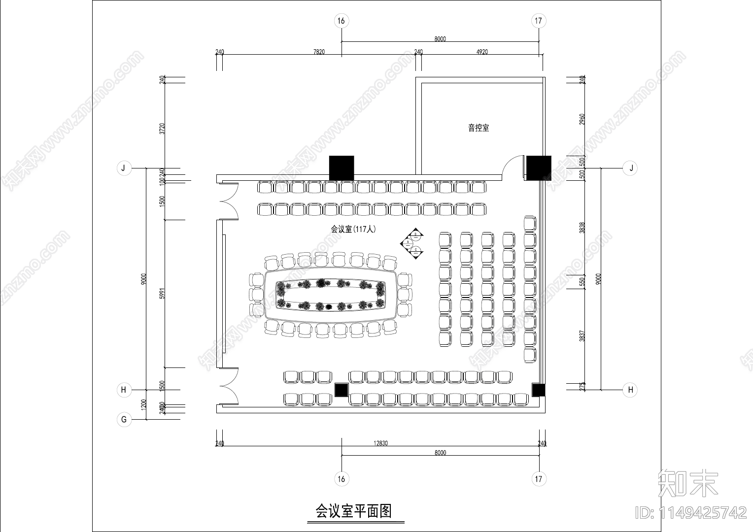 117平米会议室装饰详图cad施工图下载【ID:1149425742】