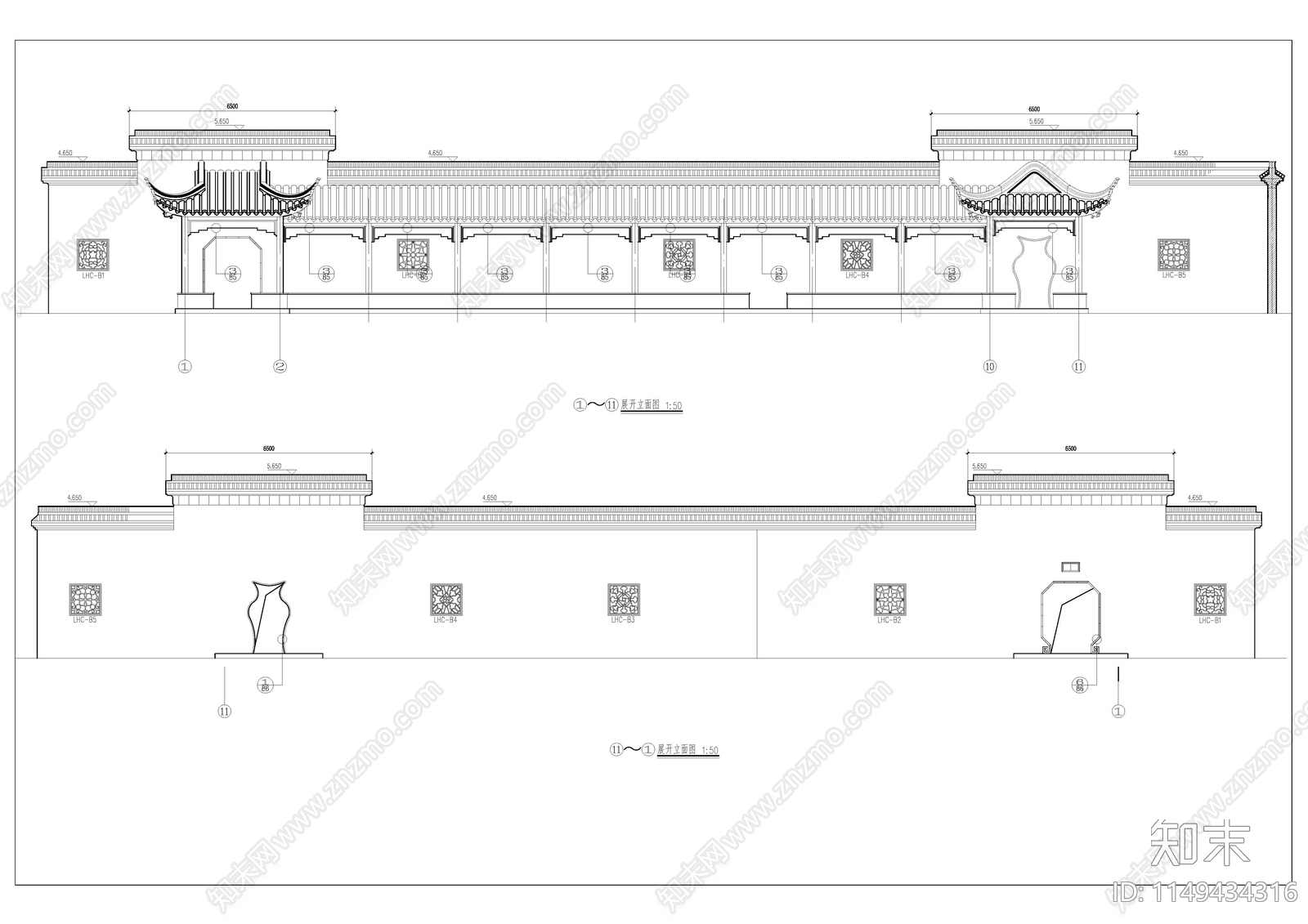 仿古围墙带仿古边廊cad施工图下载【ID:1149434316】