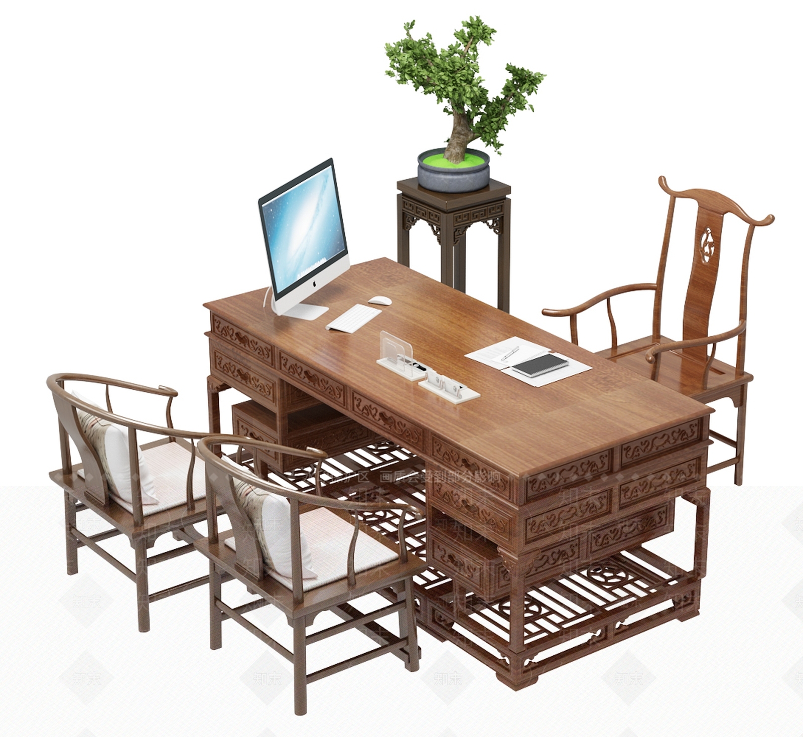 中式办公桌椅组合3D模型下载【ID:1149441711】