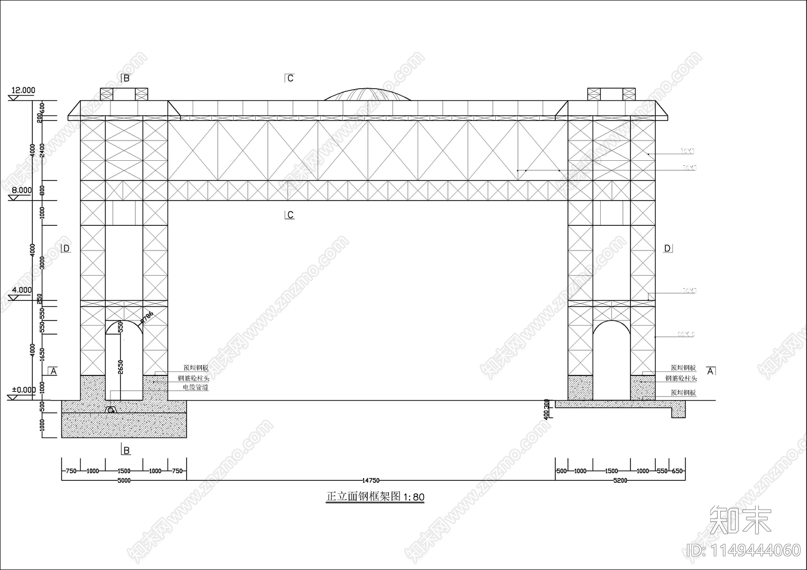 某步行街门楼钢构图cad施工图下载【ID:1149444060】