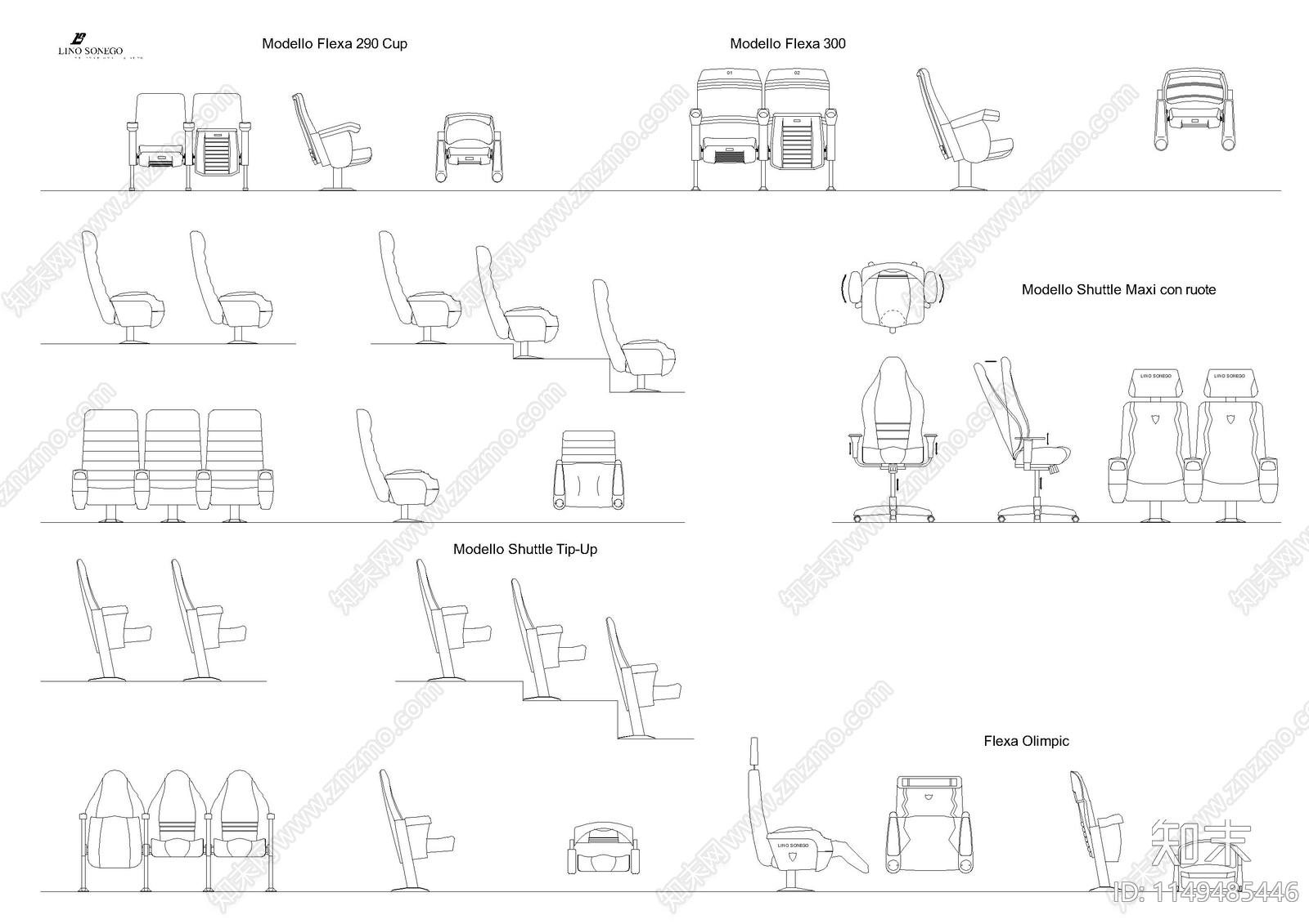 高质量影院桌椅三视图施工图下载【ID:1149485446】
