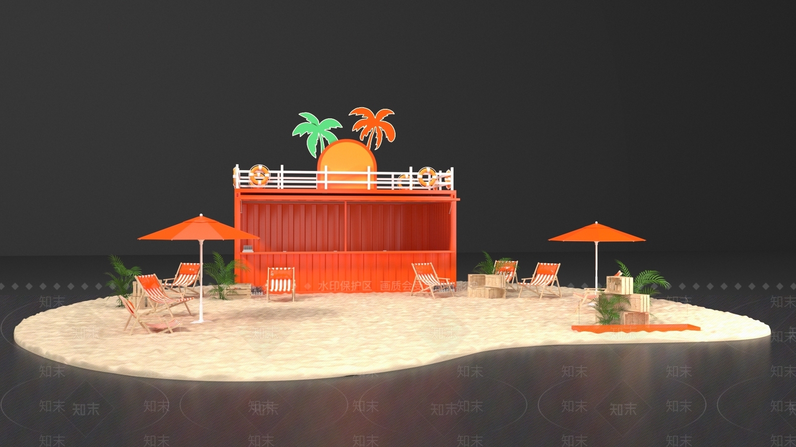 网红打卡点周年庆圣诞橙色沙滩集装箱美陈3D模型下载【ID:1149489542】
