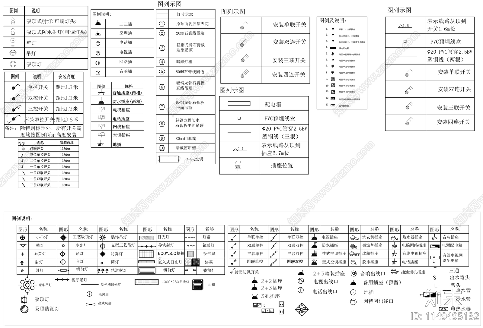 室内灯插座开关常用图例cad施工图下载【ID:1149495132】