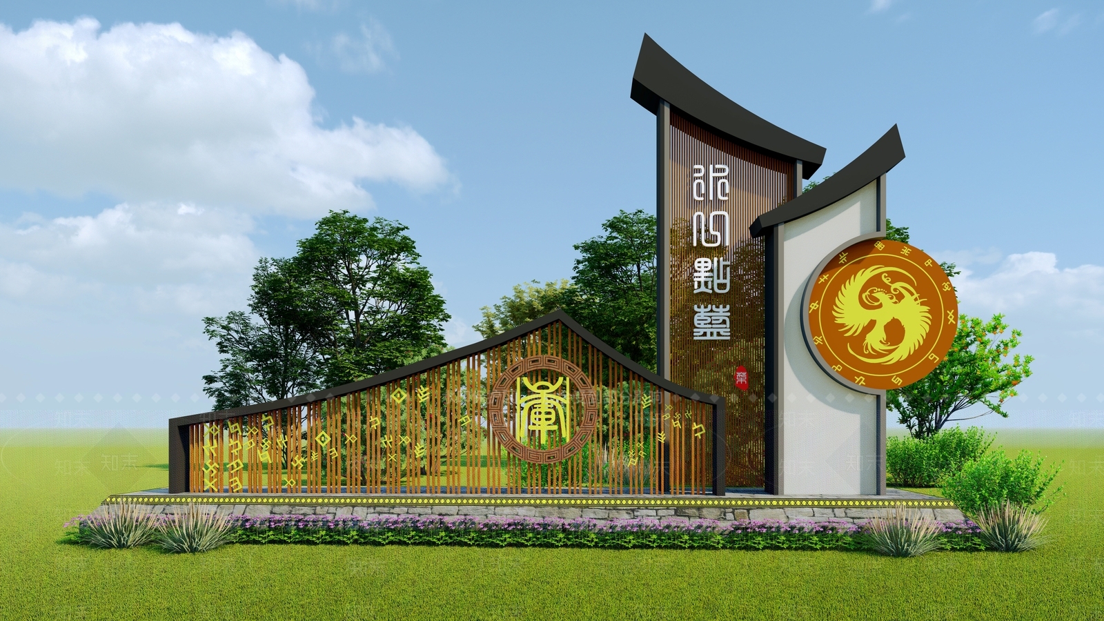 新中式畲族特色形象景墙SU模型下载【ID:1149497803】