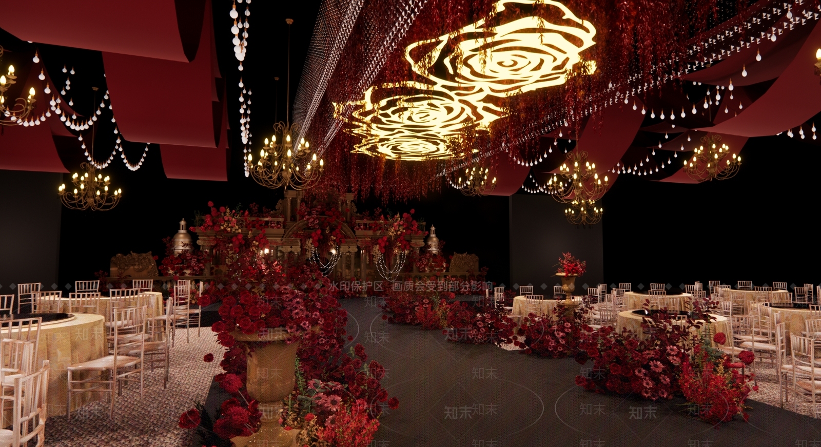 欧式红金婚礼宴会厅SU模型下载【ID:1149510667】