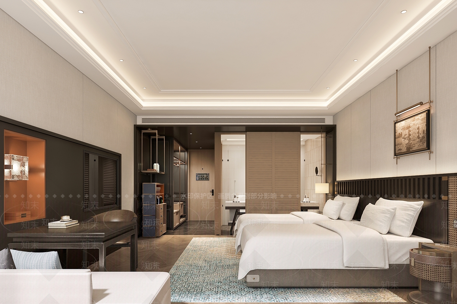 美式复古轻奢酒店客房3D模型下载【ID:1149511825】