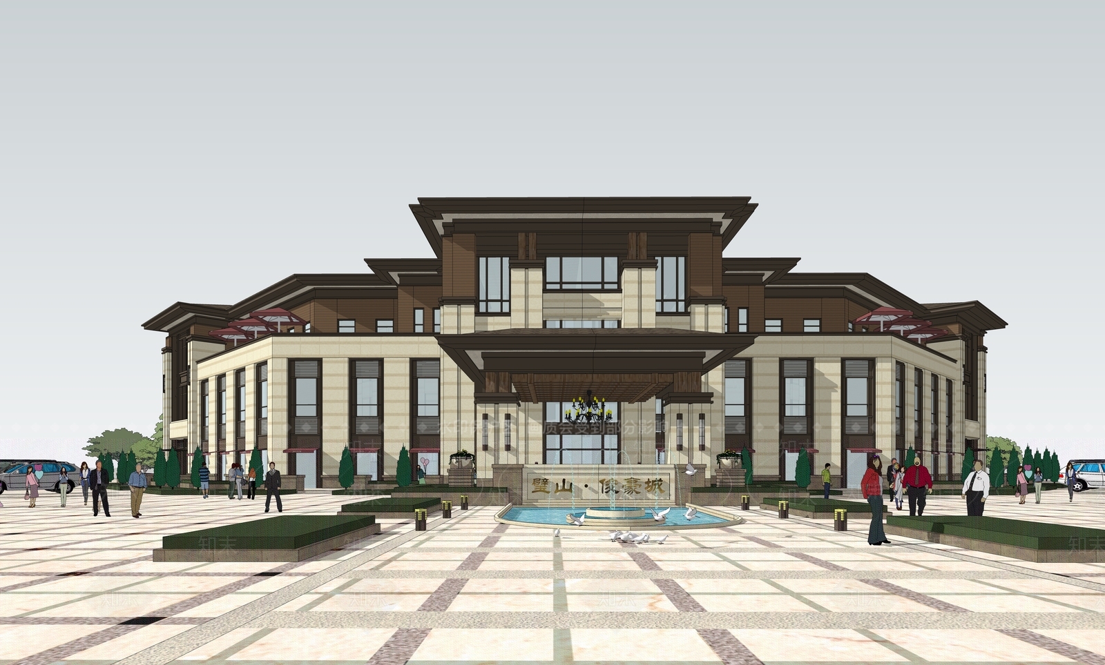 新中式高端商务会所建筑SU模型下载【ID:1149522447】