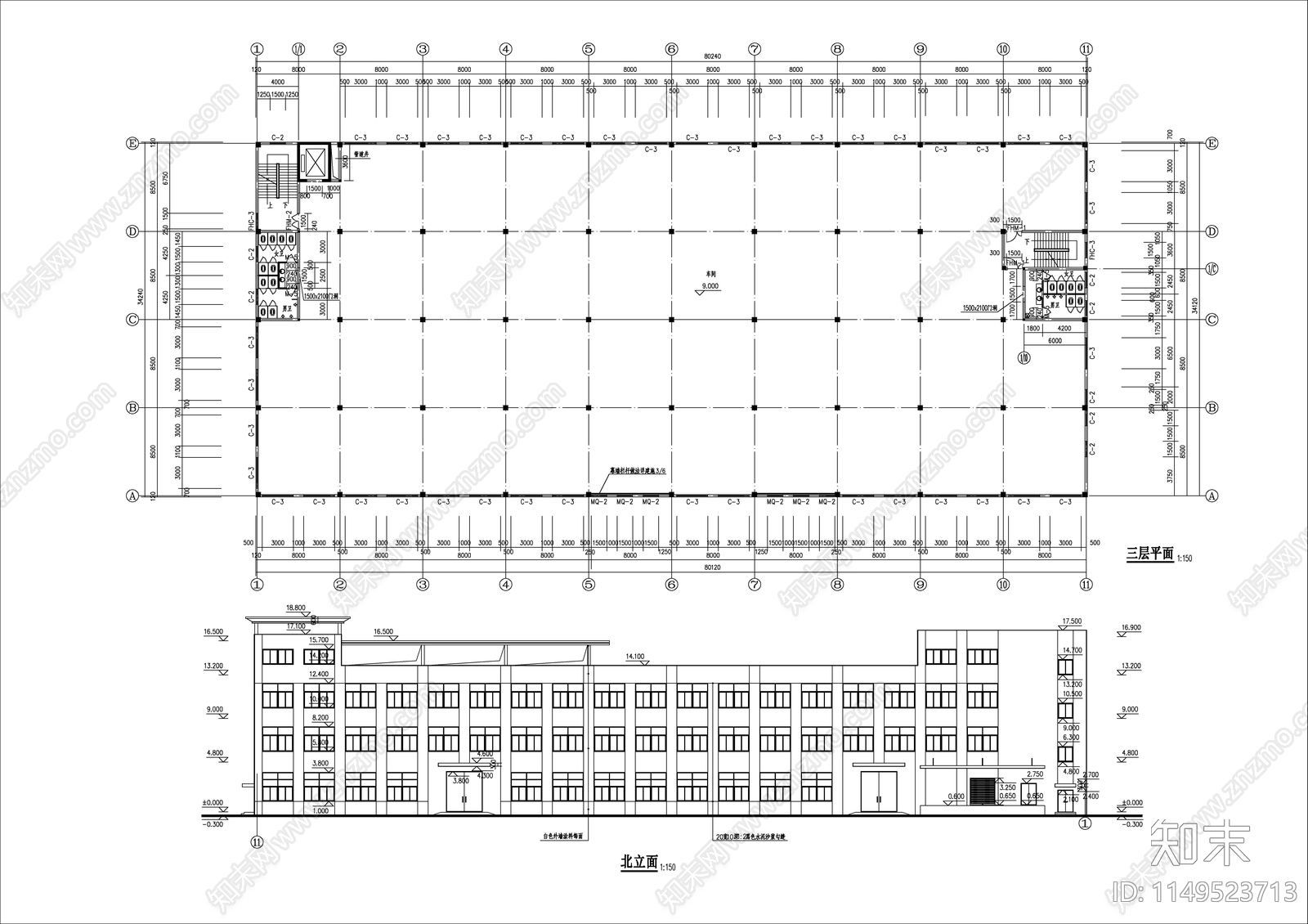 现代三层工厂建筑cad施工图下载【ID:1149523713】