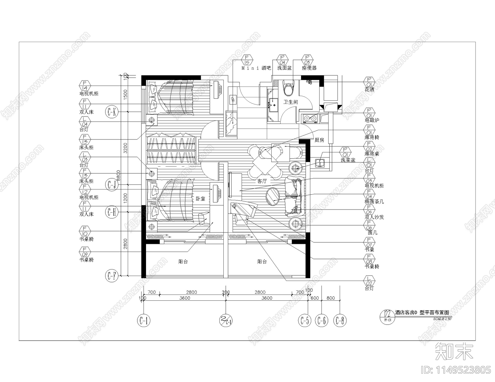 酒店多种客房大床房标准cad施工图下载【ID:1149523805】