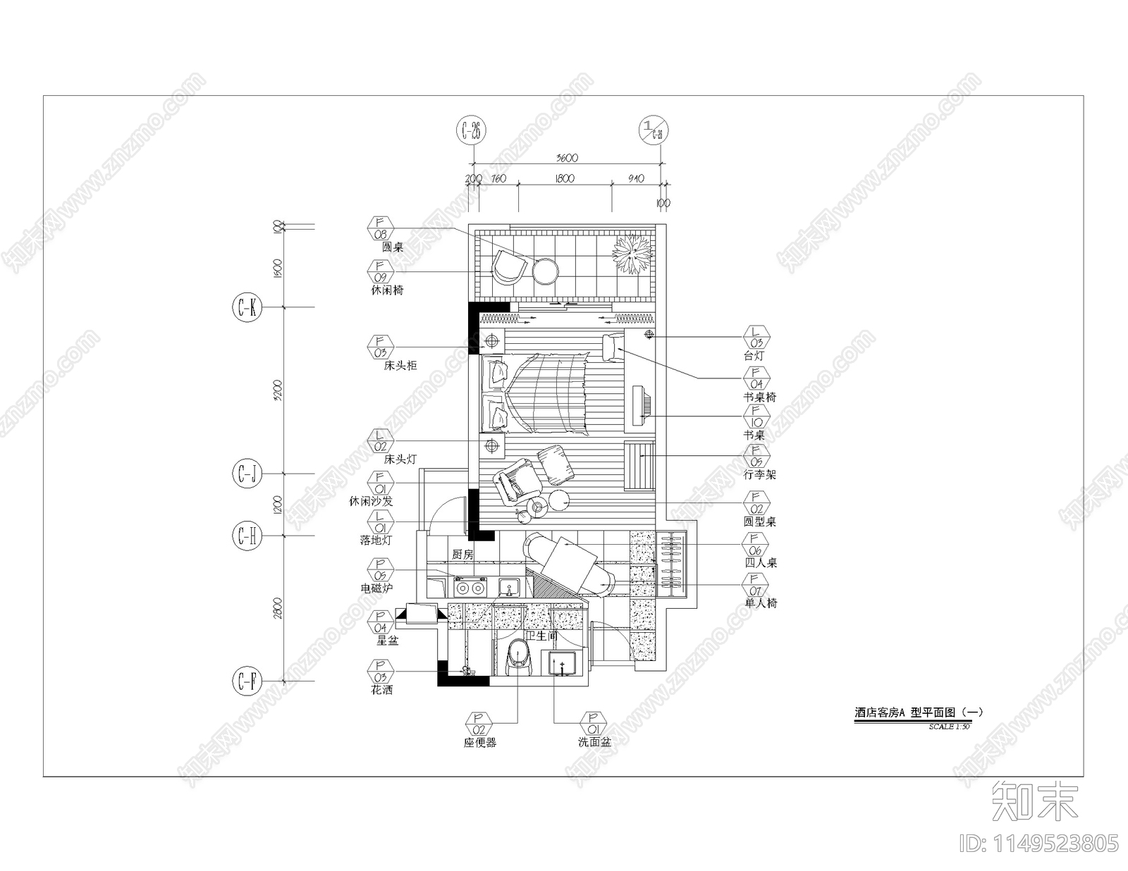 酒店多种客房大床房标准cad施工图下载【ID:1149523805】