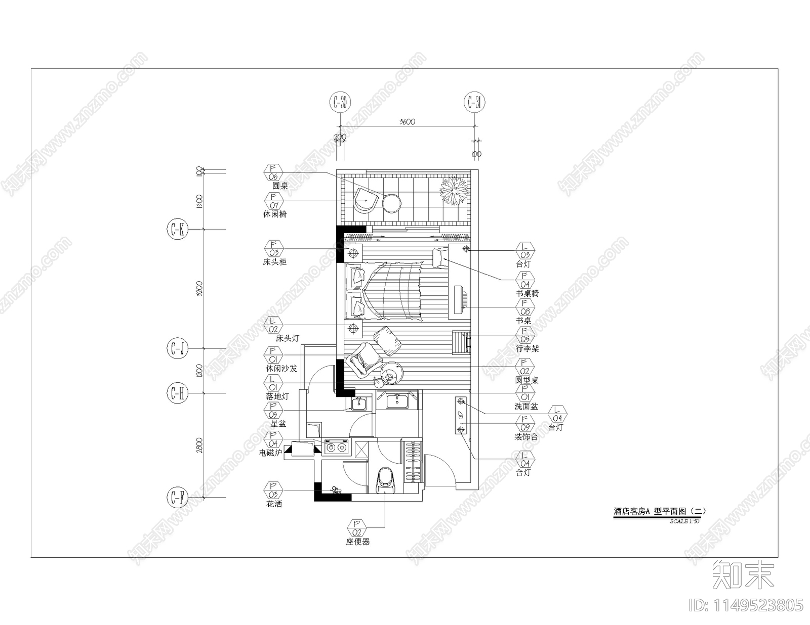 酒店多种客房大床房标准cad施工图下载【ID:1149523805】