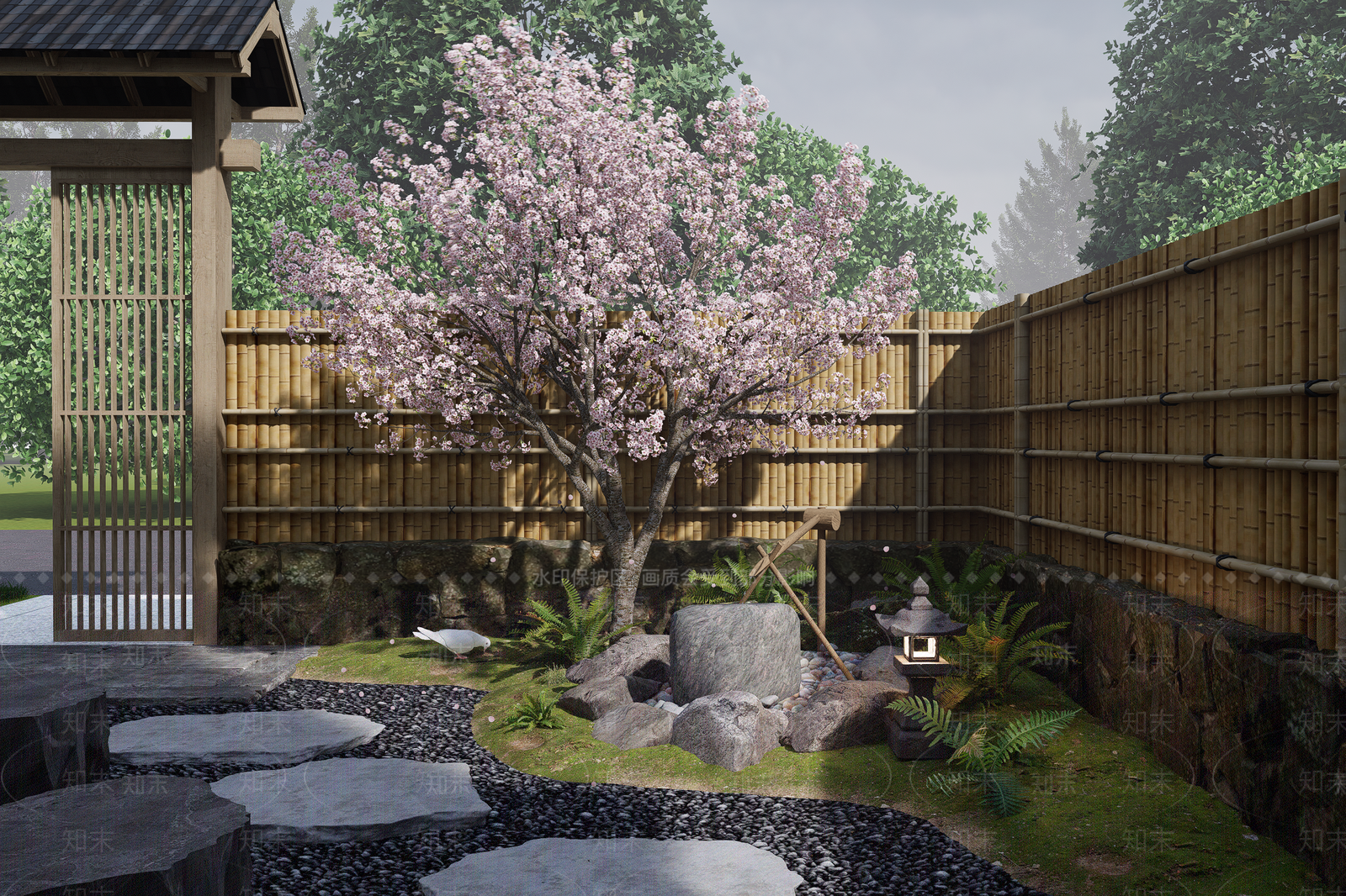 日式禅意庭院花园景观SU模型下载【ID:1149525897】