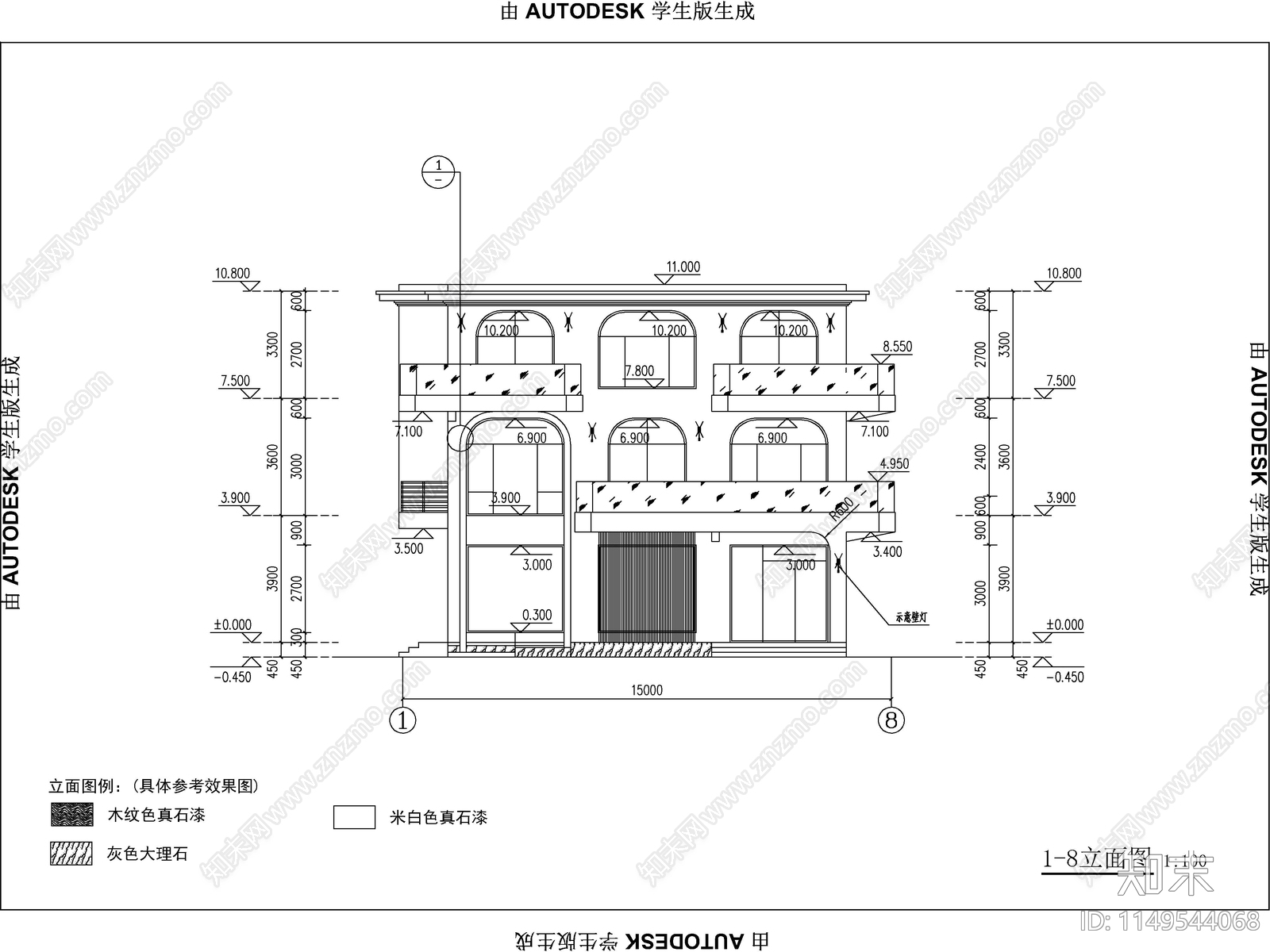 现代三层独栋别墅建筑cad施工图下载【ID:1149544068】