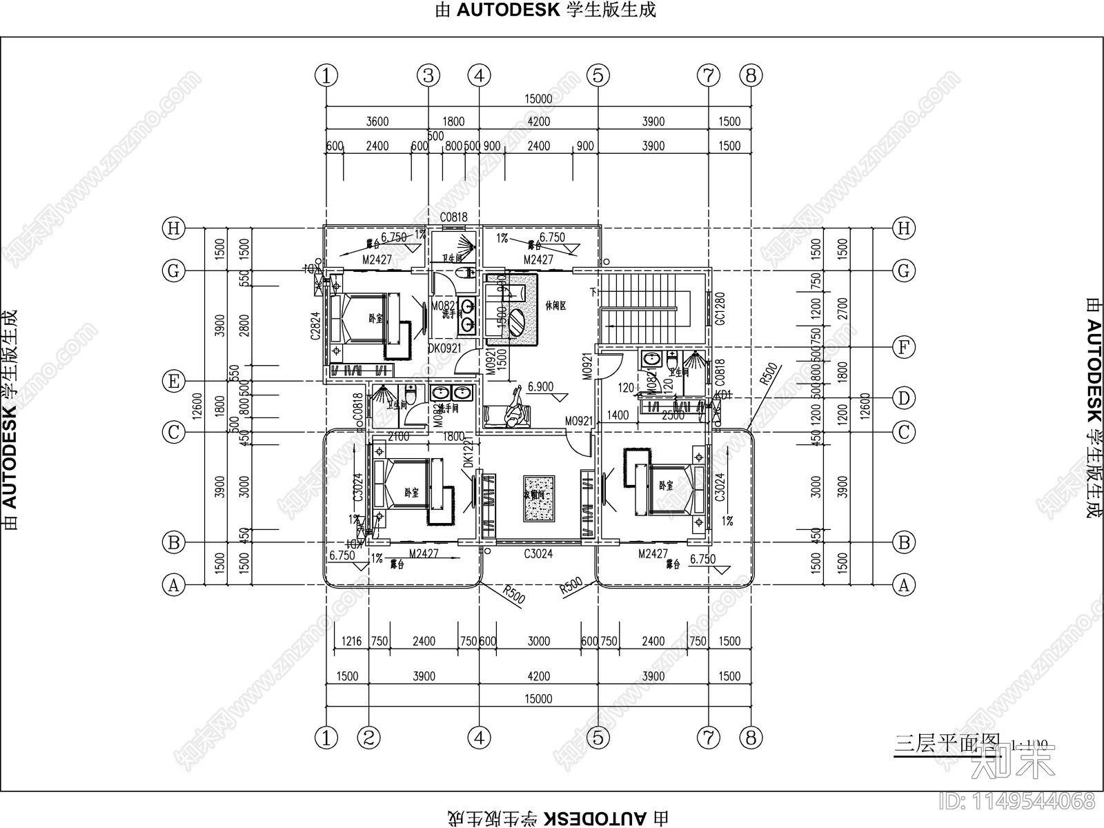 现代三层独栋别墅建筑cad施工图下载【ID:1149544068】