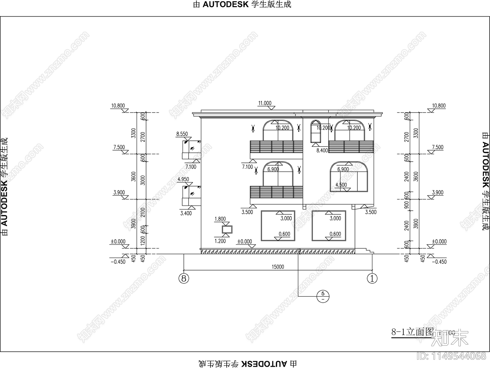 现代三层独栋别墅建筑cad施工图下载【ID:1149544068】