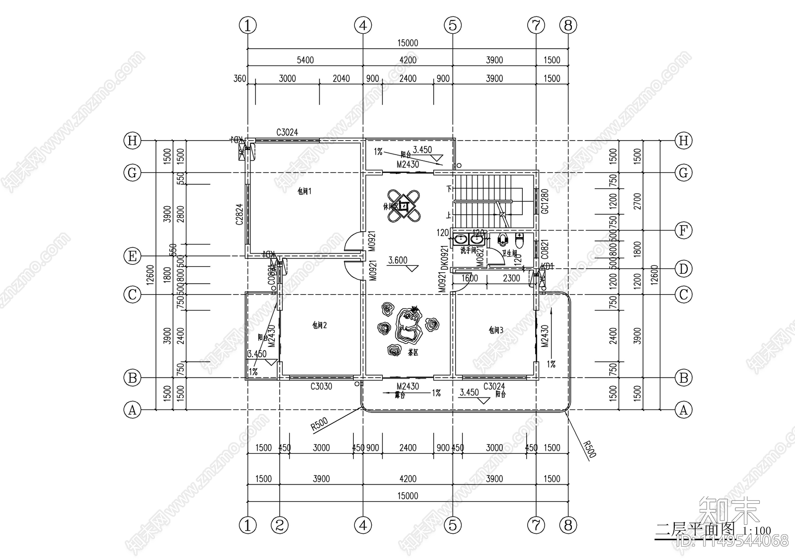 现代三层独栋别墅建筑cad施工图下载【ID:1149544068】