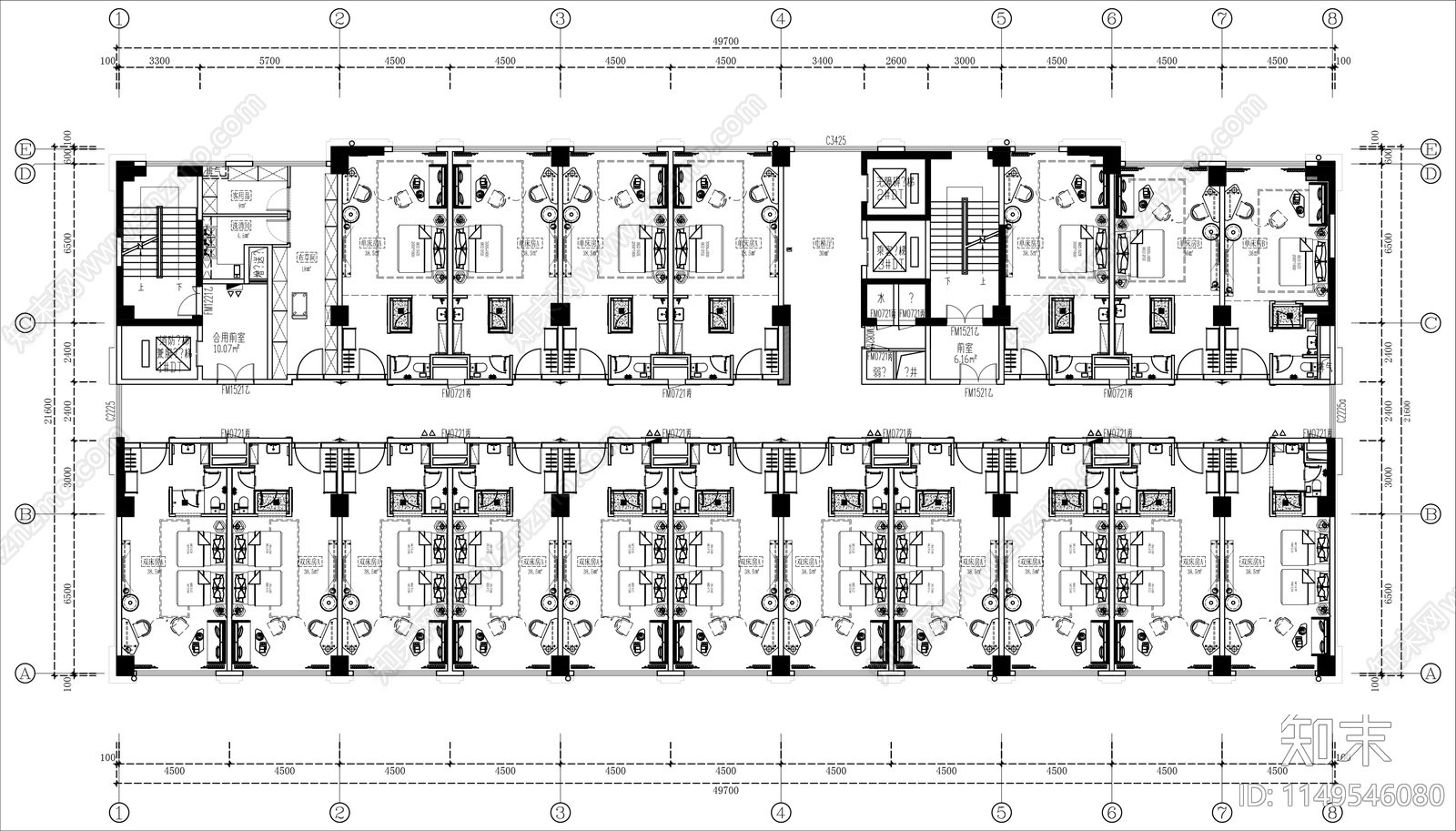 宾馆双人套房平面施工图下载【ID:1149546080】