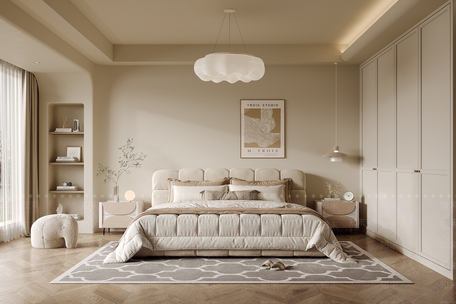 法式奶油风卧室3D模型下载【ID:1149558677】