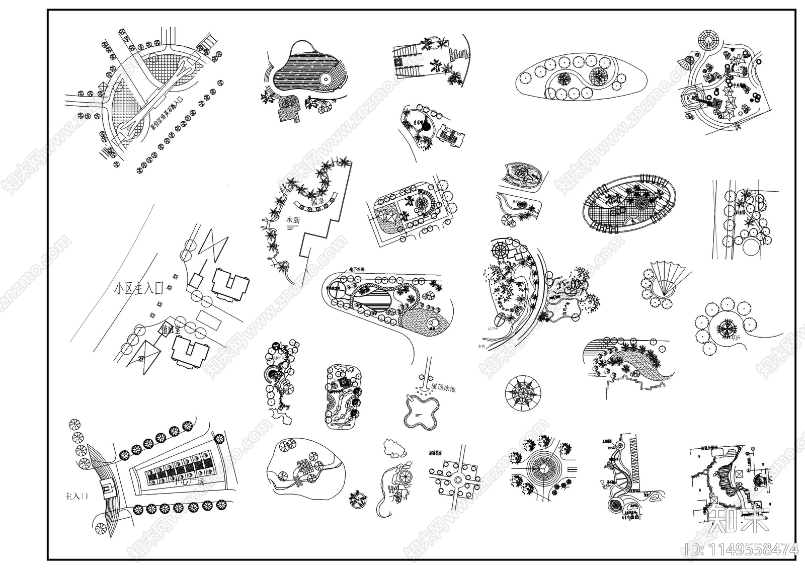 各种常用景观素材图块施工图下载【ID:1149558474】