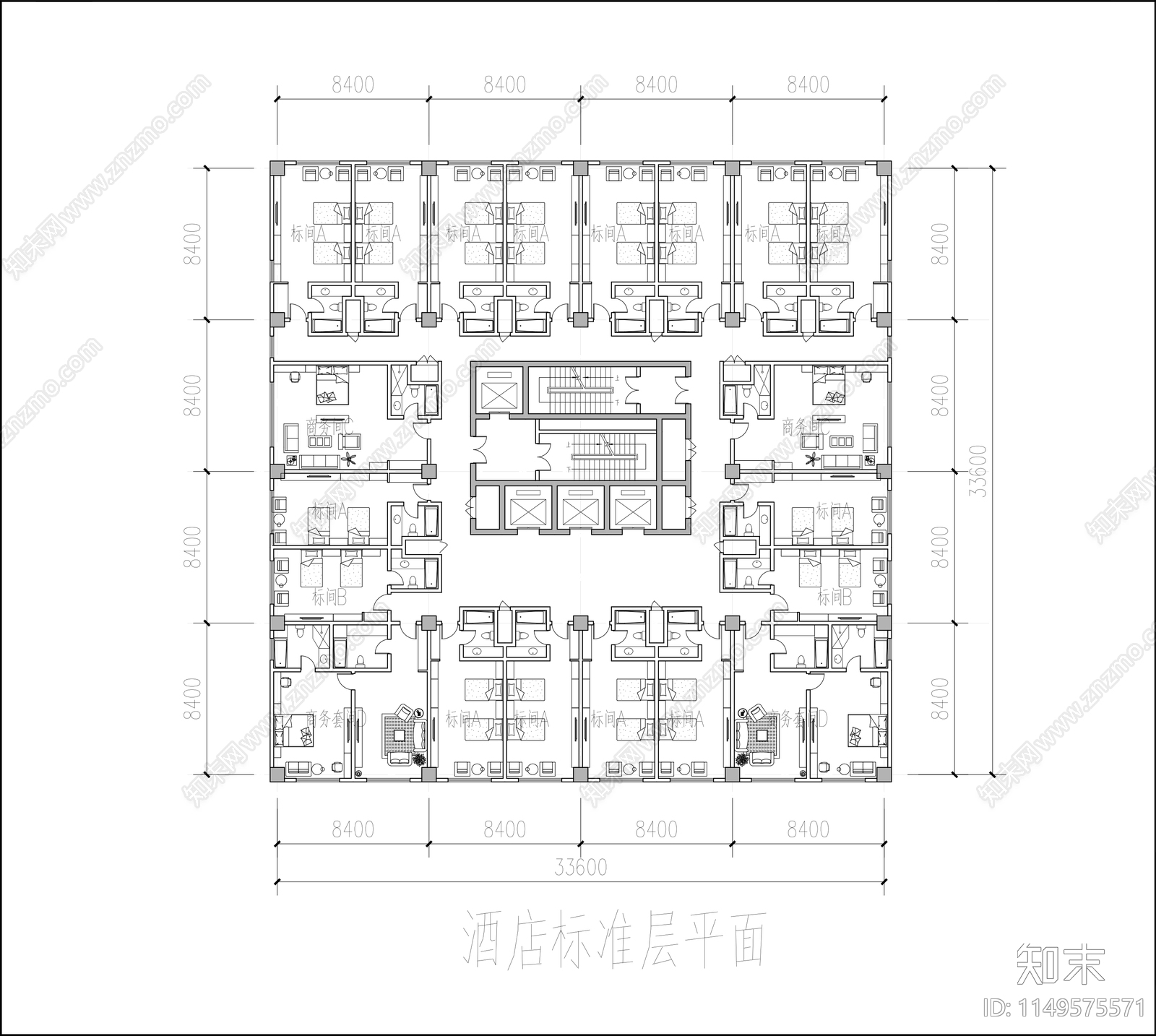 酒店客房层标准层建筑平面图施工图下载【ID:1149575571】