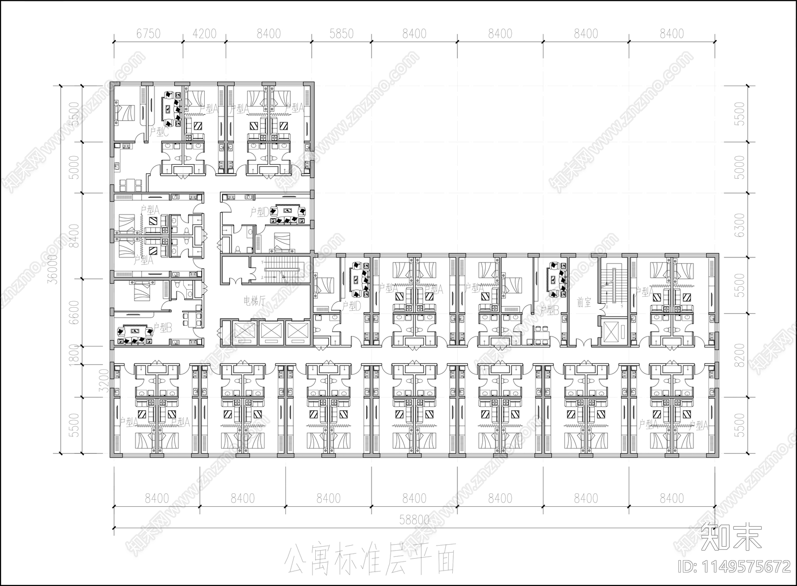 公寓标准层建筑平面图施工图下载【ID:1149575672】