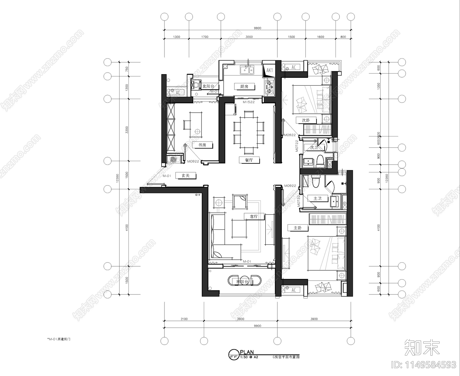 120平精装修大平层cad施工图下载【ID:1149584593】