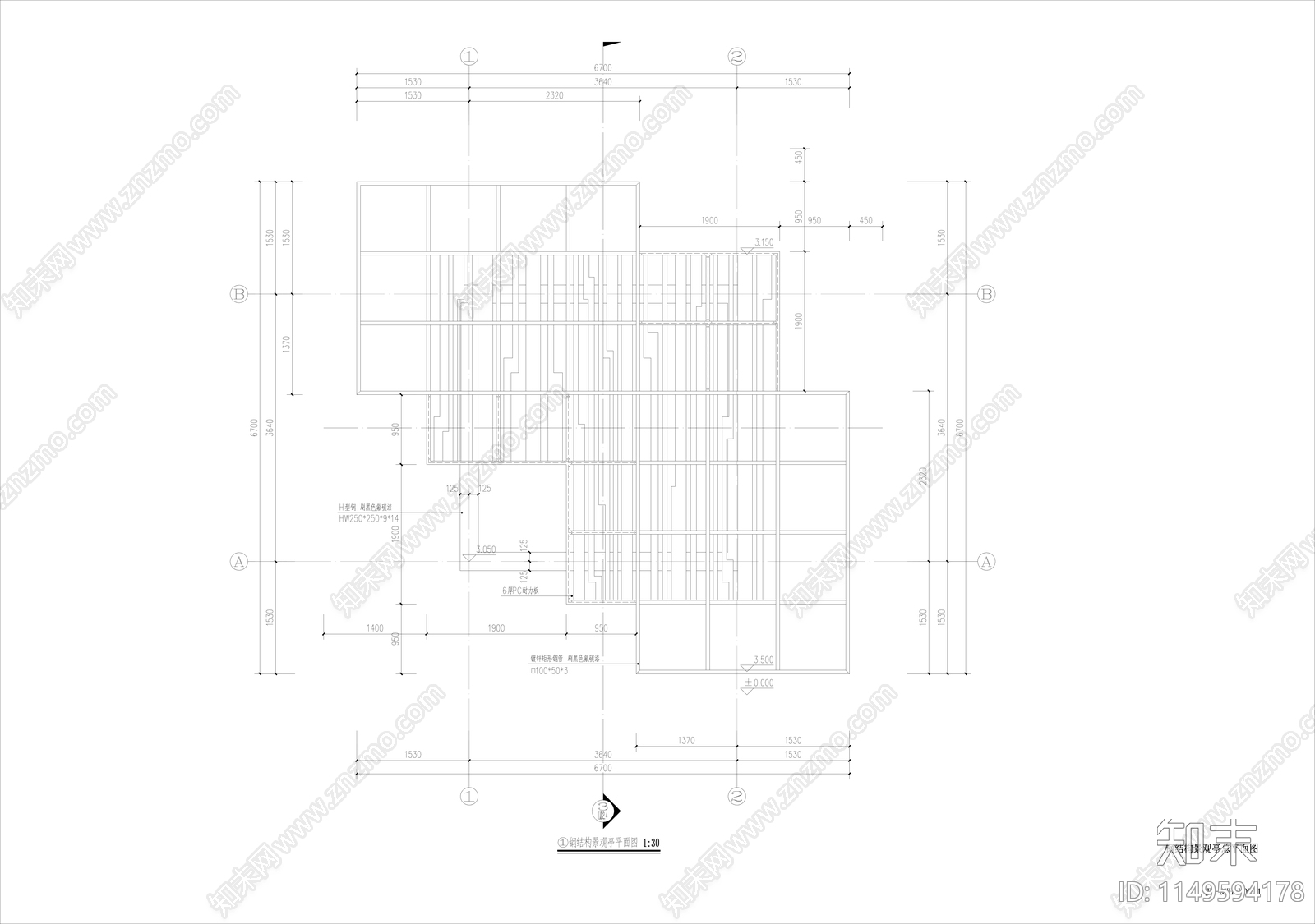 钢结构景观亭cad施工图下载【ID:1149594178】