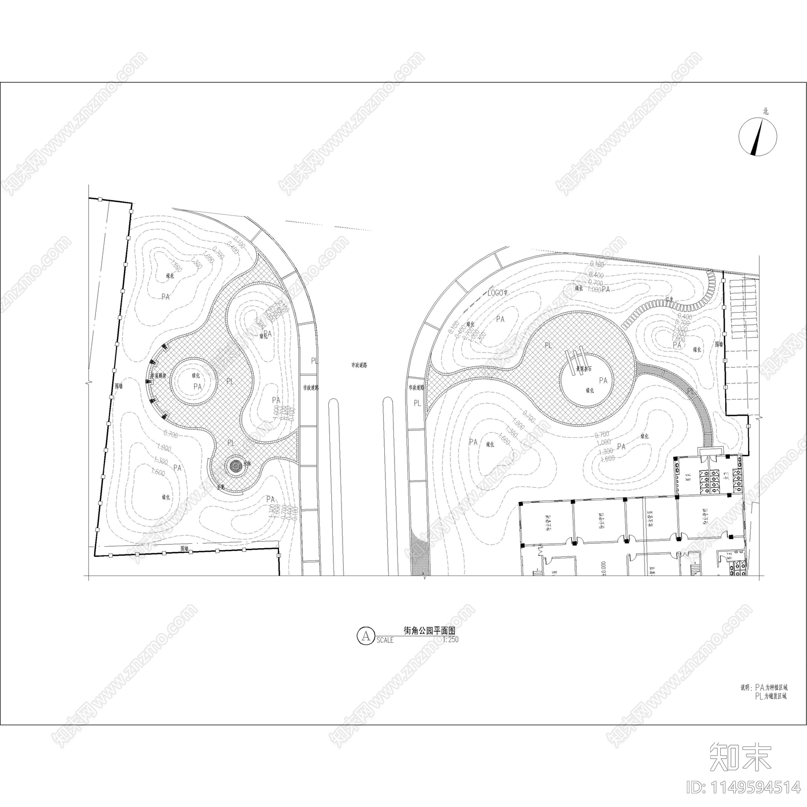 街头口袋公园景观cad施工图下载【ID:1149594514】