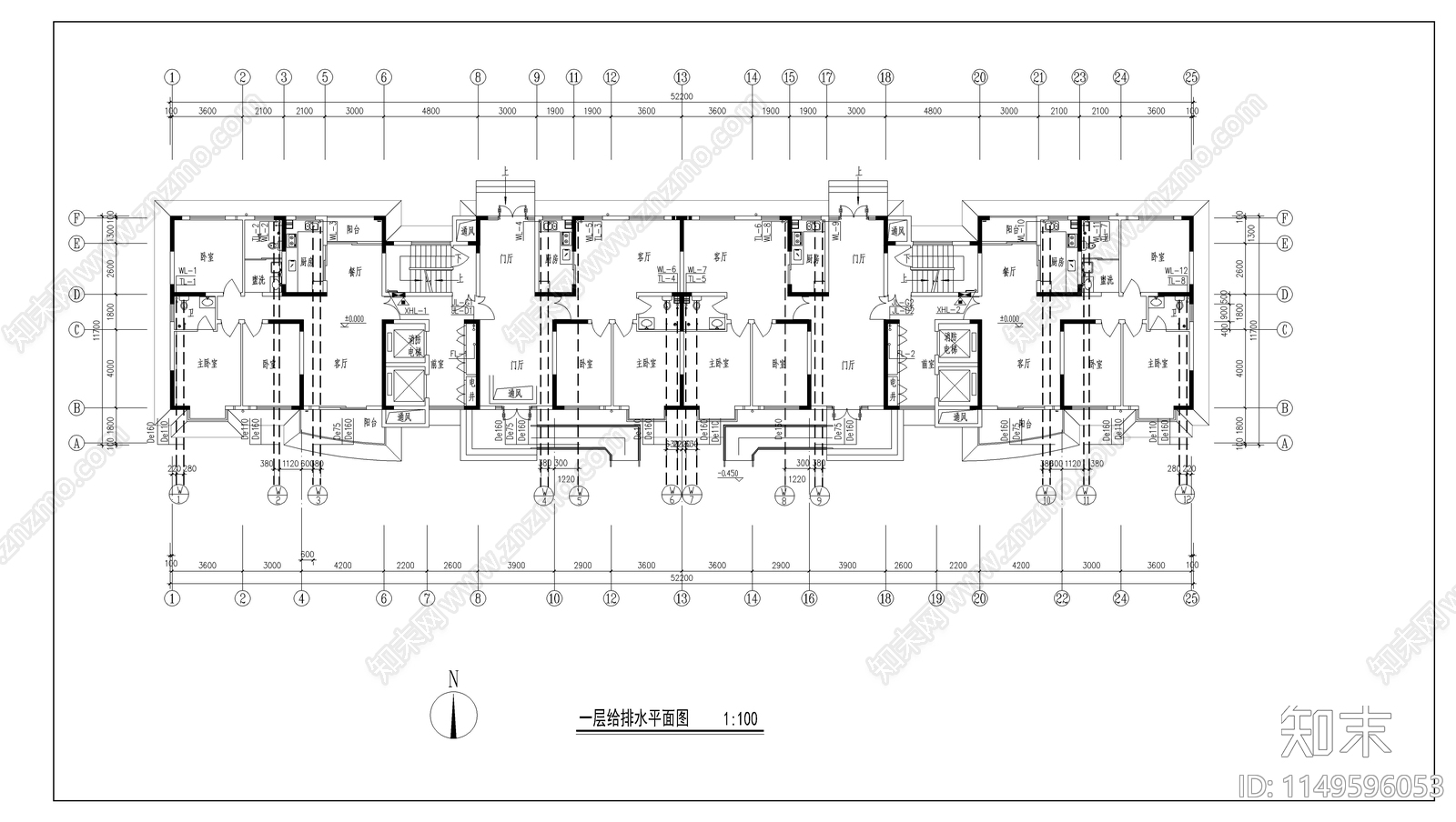 高档小区某栋楼给排水cad施工图下载【ID:1149596053】