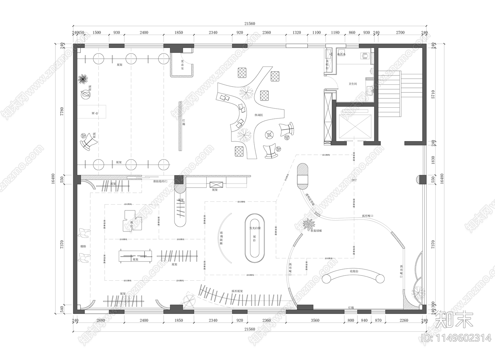 服装店展厅平面方案施工图下载【ID:1149602314】