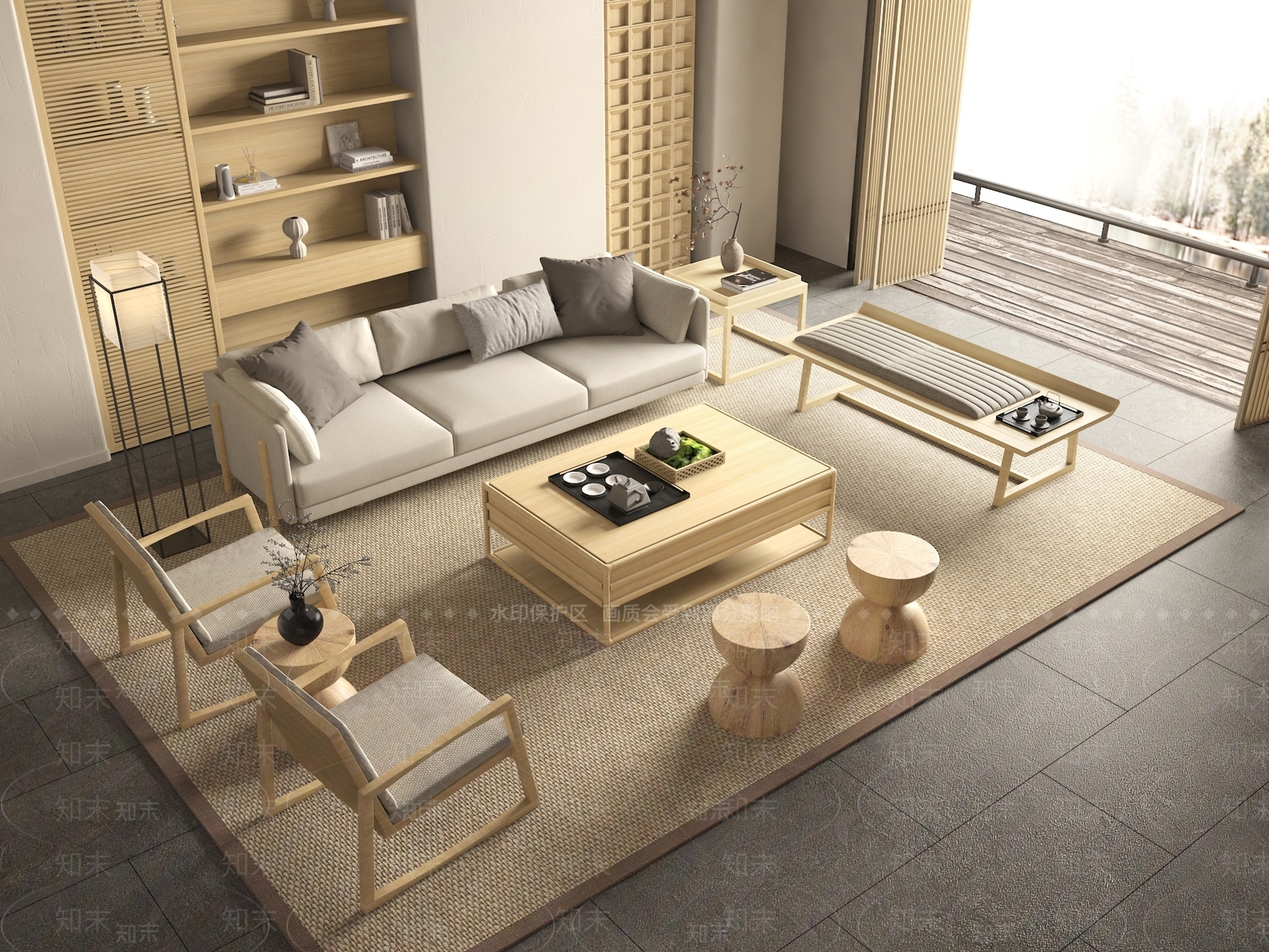 日式侘寂风沙发茶几组合3D模型下载【ID:1149627614】